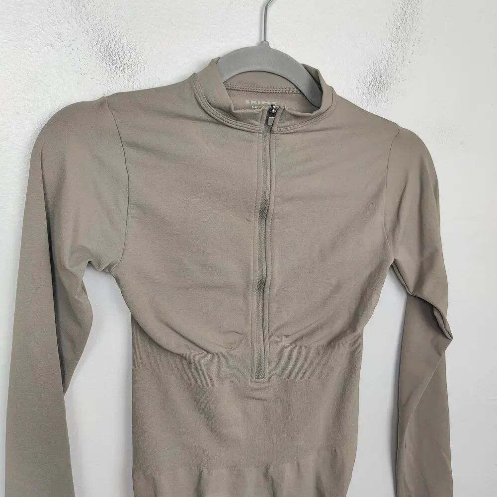 Skims Bodysuit Womens Small Medium Taupe 1/2 Zip Shaping Shapewear Smoothing_2